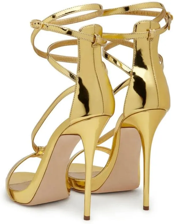 FSJ Women Sexy Strappy Sandals for Women Open Toe Metallic High Heels Pumps Wedding Party Summer Shoes 4-15 US