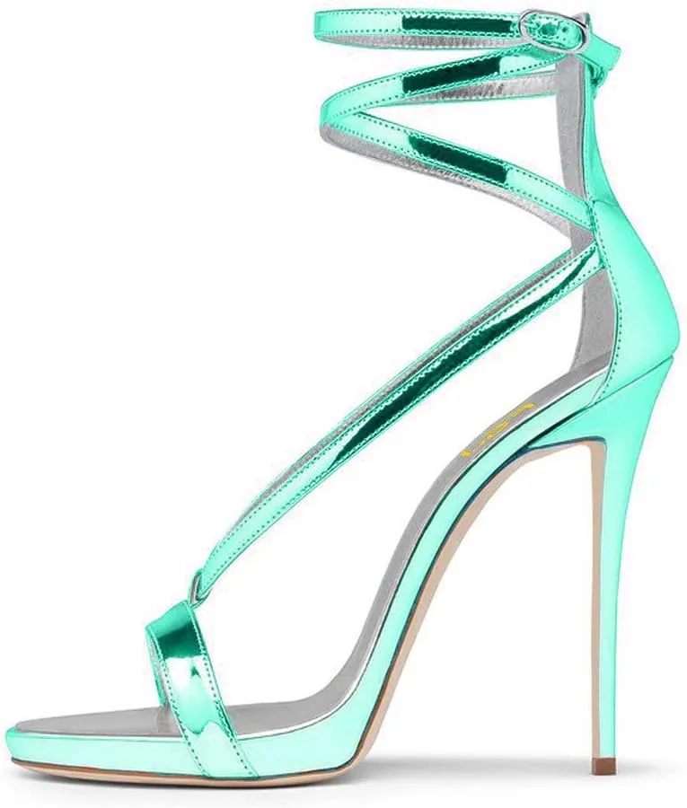 FSJ Women Sexy Strappy Sandals for Women Open Toe Metallic High Heels Pumps Wedding Party Summer Shoes 4-15 US