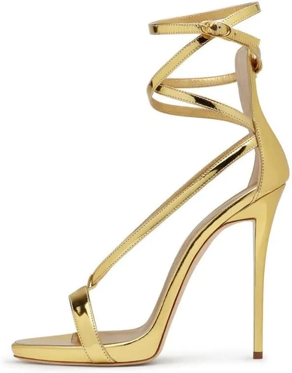 FSJ Women Sexy Strappy Sandals for Women Open Toe Metallic High Heels Pumps Wedding Party Summer Shoes 4-15 US