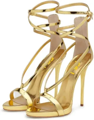 FSJ Women Sexy Strappy Sandals for Women Open Toe Metallic High Heels Pumps Wedding Party Summer Shoes 4-15 US