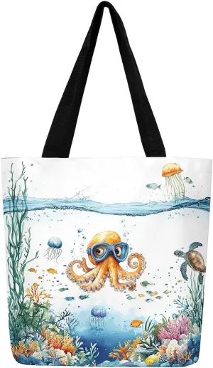 Funny Axolotl Canvas Tote Bag for Women,Kids Sea Turtle Jellyfish Coastal Large Shoulder Bag