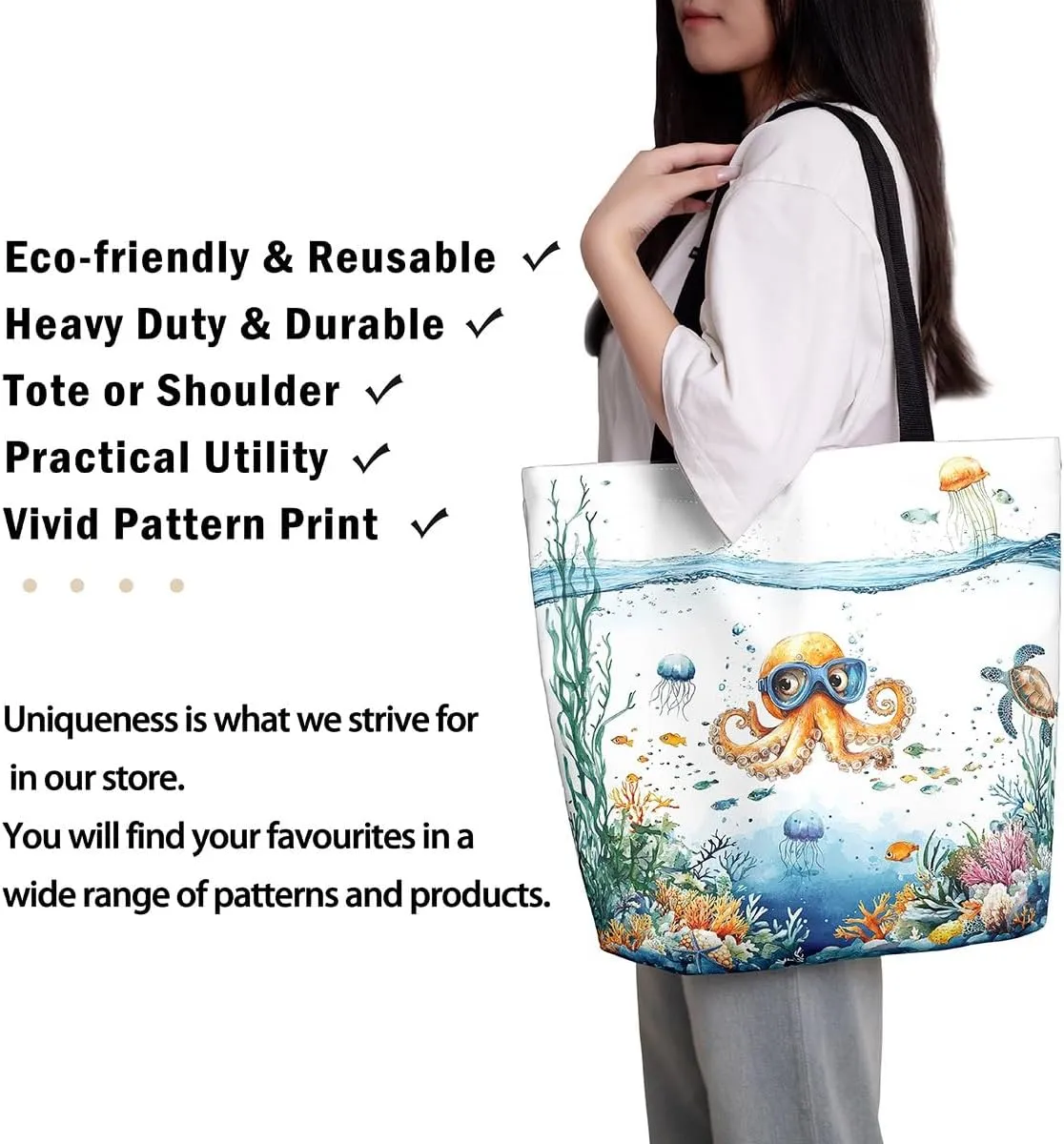 Funny Axolotl Canvas Tote Bag for Women,Kids Sea Turtle Jellyfish Coastal Large Shoulder Bag