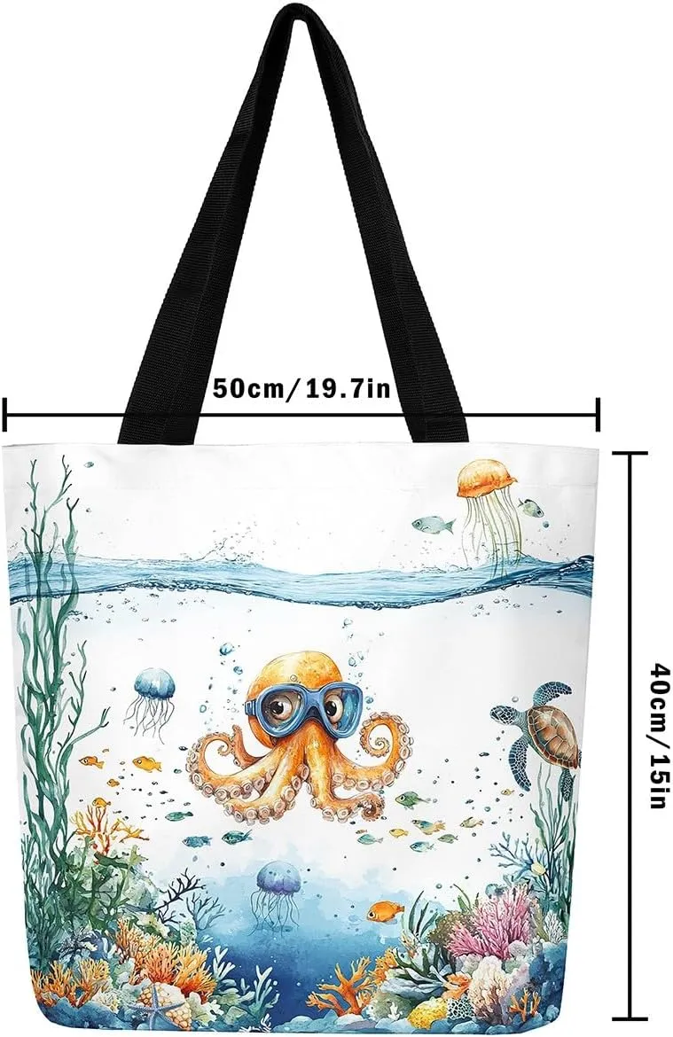 Funny Axolotl Canvas Tote Bag for Women,Kids Sea Turtle Jellyfish Coastal Large Shoulder Bag