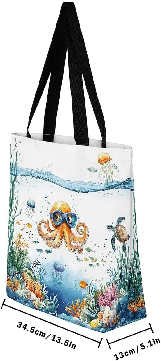 Funny Axolotl Canvas Tote Bag for Women,Kids Sea Turtle Jellyfish Coastal Large Shoulder Bag