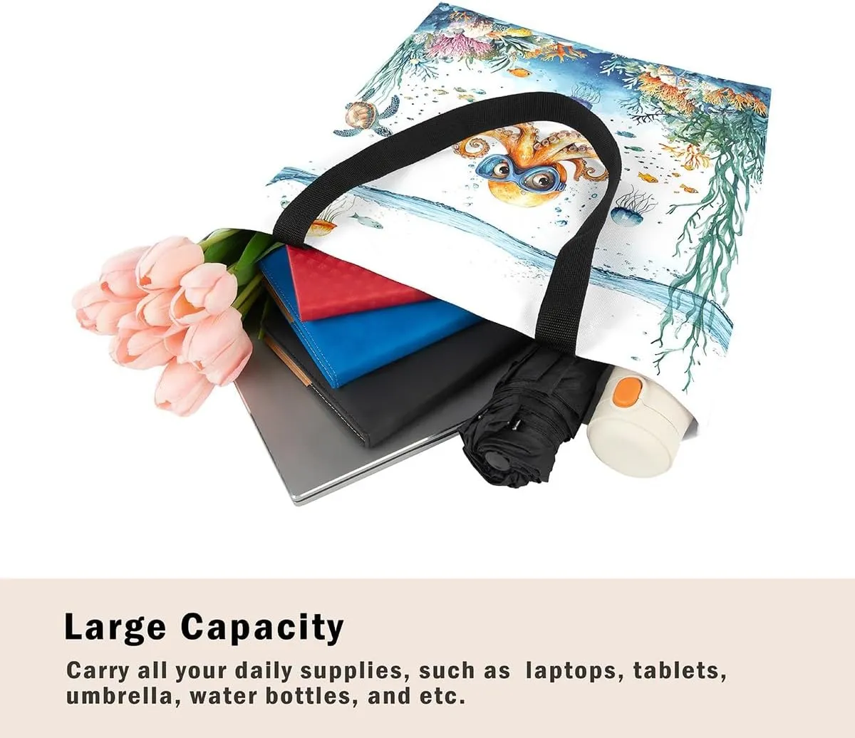 Funny Axolotl Canvas Tote Bag for Women,Kids Sea Turtle Jellyfish Coastal Large Shoulder Bag