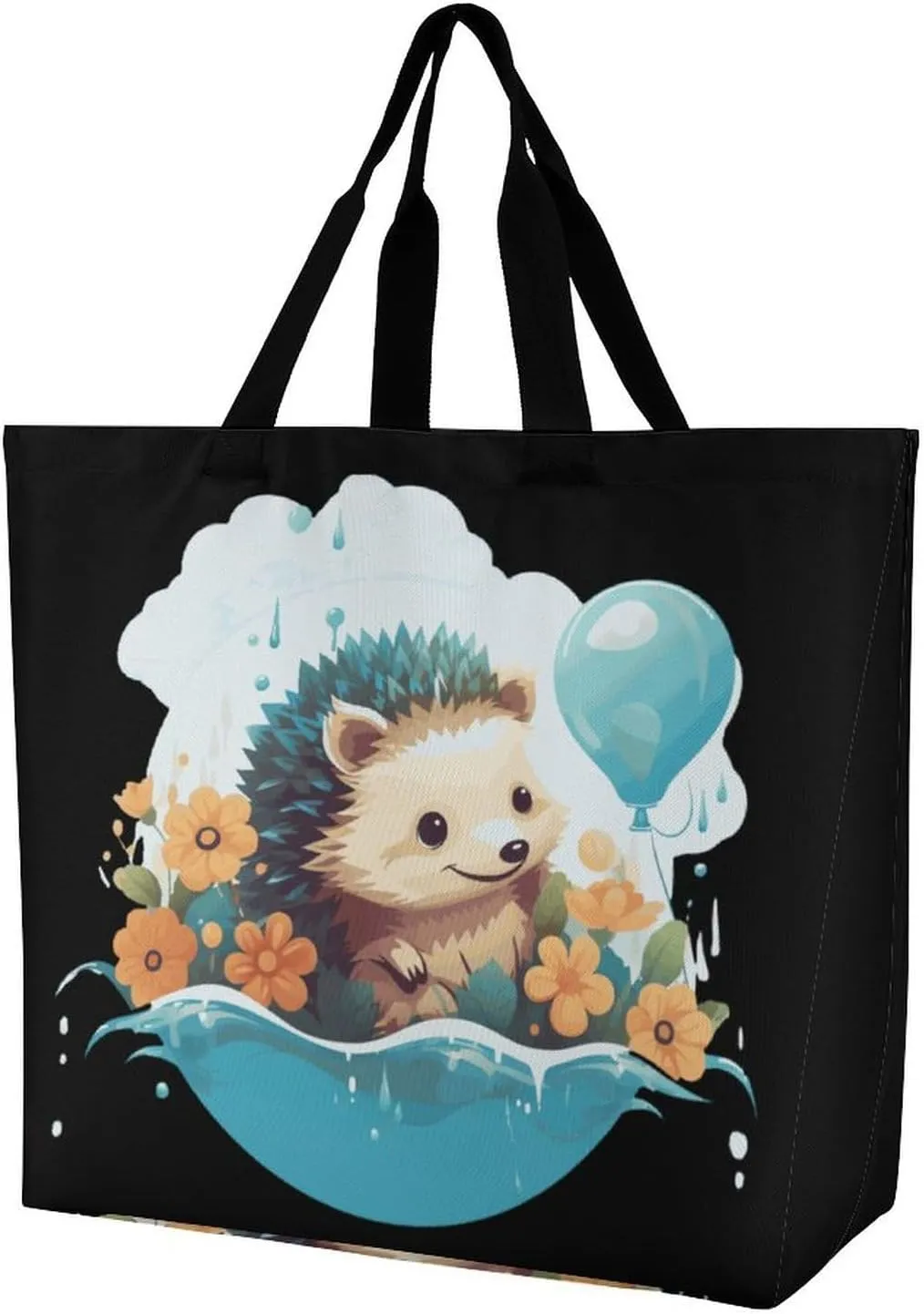 Funny Hedgehog Balloons Shoulder Bag Large Capacity Shopping Bag Washable Grocery Bag Handbag for Women Men