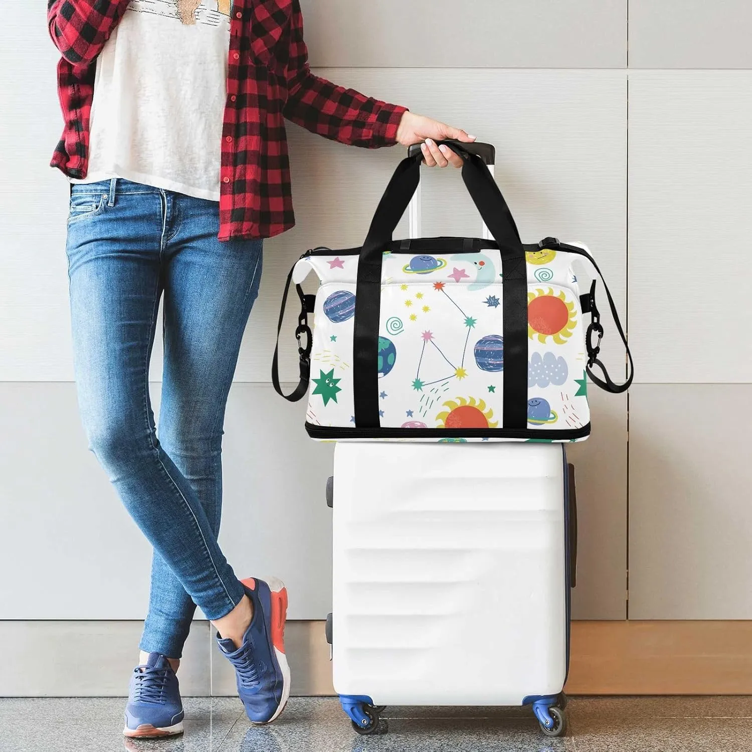 Funny Open Space Elements Cute Duffel Bag Expandable Travel Carry on Bag with Trolley Sleeve