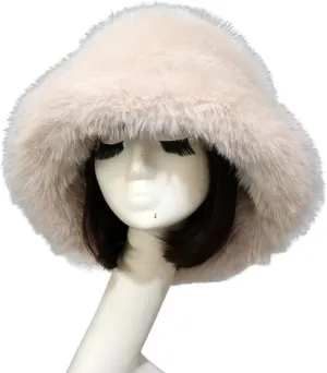 Furry Bucket Hat, Winter Faux Fur Warmer Fisherman Cap Fluffy Wide Brim Bucket Hats