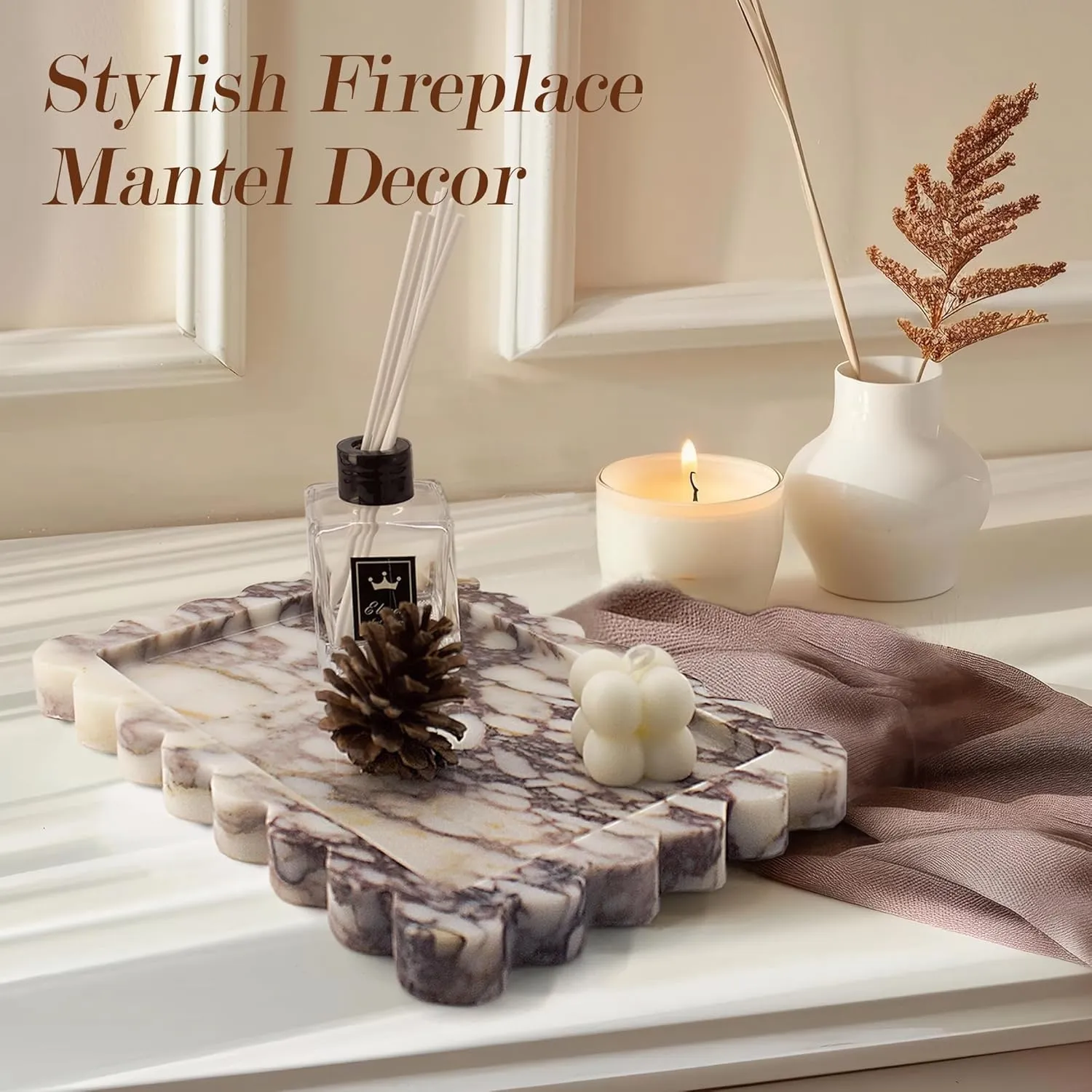 Genuine Calacatta Viola Scalloped Marble Tray, Real Natural Marble Stone Tray, Luxury Decorative Trays for Bathroom, Dresser, Vanity, Kitchen, Home Decor, 10.6" x 8", Calacatta Viola Purple