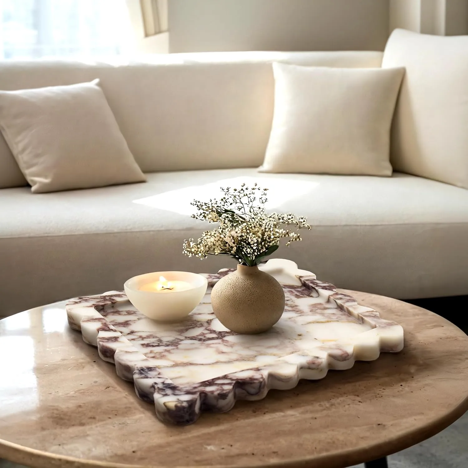 Genuine Calacatta Viola Scalloped Marble Tray, Real Natural Marble Stone Tray, Luxury Decorative Trays for Bathroom, Dresser, Vanity, Kitchen, Home Decor, 10.6" x 8", Calacatta Viola Purple