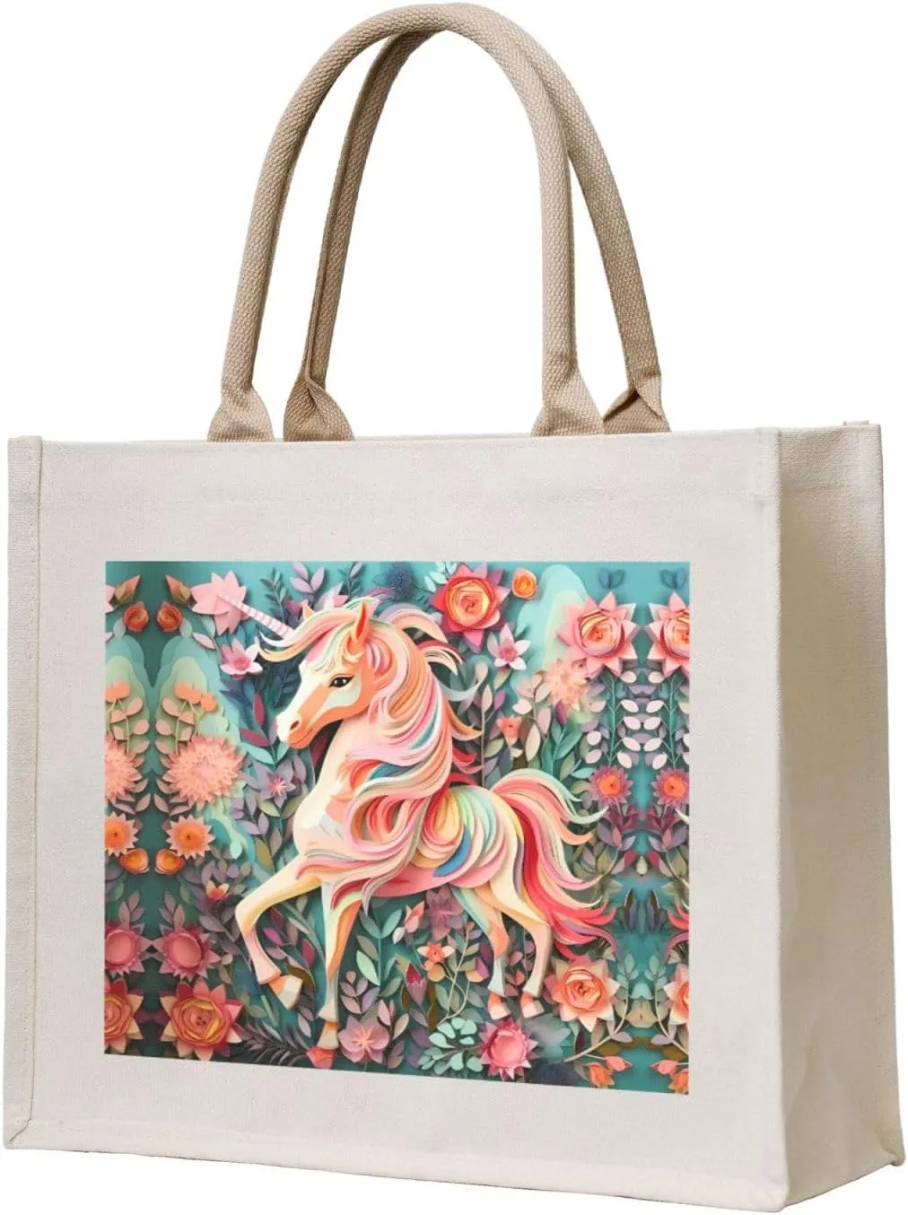 Gift Tote Bag for Women - Canvas Carrying Satchel Handbags/Pink Paper Cut Unicorn Print Grocery Bag, for Mom Bridesmaids