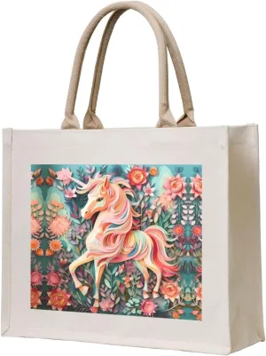 Gift Tote Bag for Women - Canvas Carrying Satchel Handbags/Pink Paper Cut Unicorn Print Grocery Bag, for Mom Bridesmaids