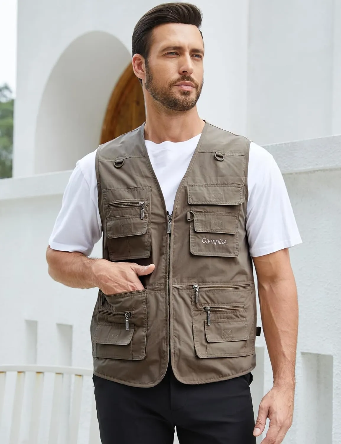 Gihuo Men's Fishing Vest Utility Safari Travel Vest with Pockets Outdoor Work Photo Cargo Fly Summer Vest
