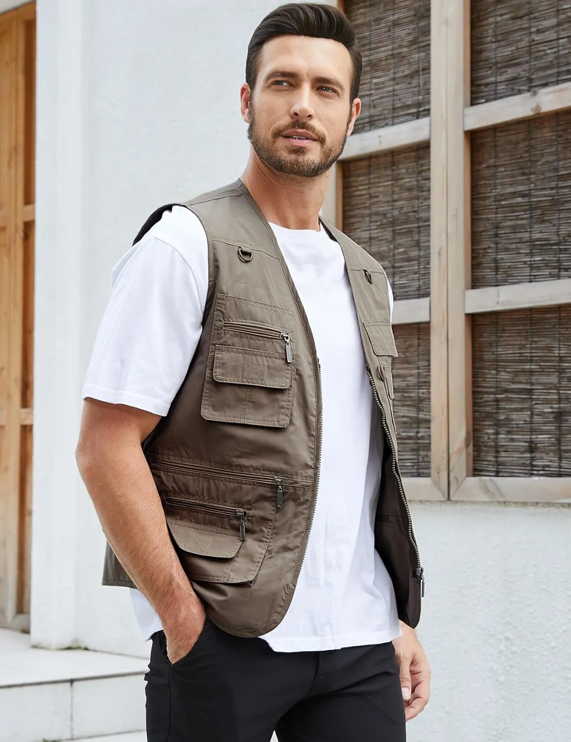 Gihuo Men's Fishing Vest Utility Safari Travel Vest with Pockets Outdoor Work Photo Cargo Fly Summer Vest