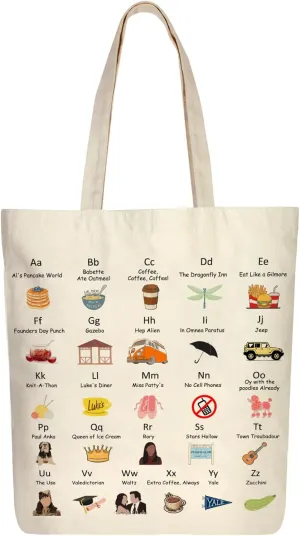 Gilmore Alphabet Tote Bag, Luker's Dinner Inspired TV Show Merchandise Gifts, Canvas Fans Presents for Women/Sister, Shoulder/Travel/Work/Foldable