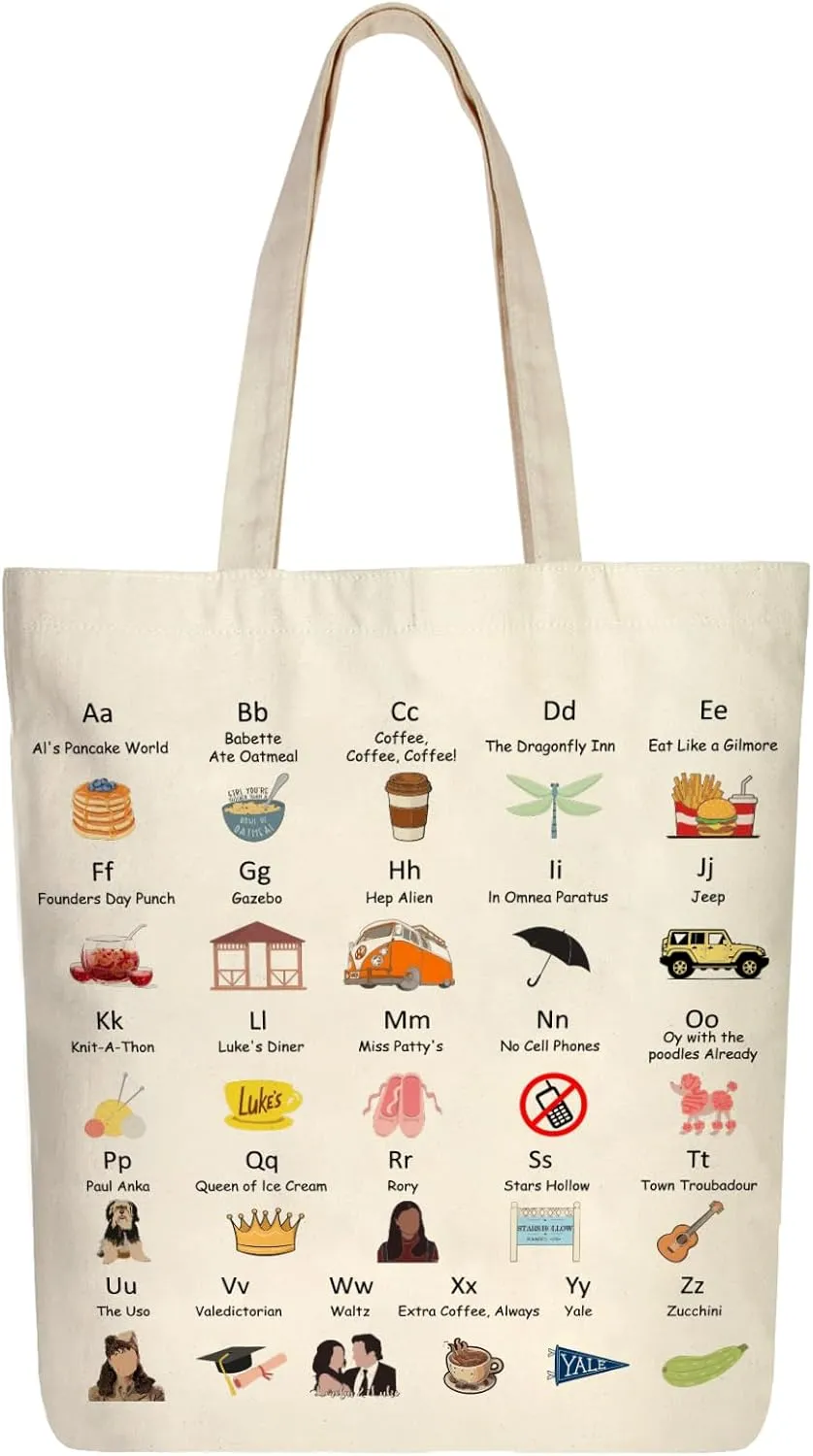 Gilmore Alphabet Tote Bag, Luker's Dinner Inspired TV Show Merchandise Gifts, Canvas Fans Presents for Women/Sister, Shoulder/Travel/Work/Foldable