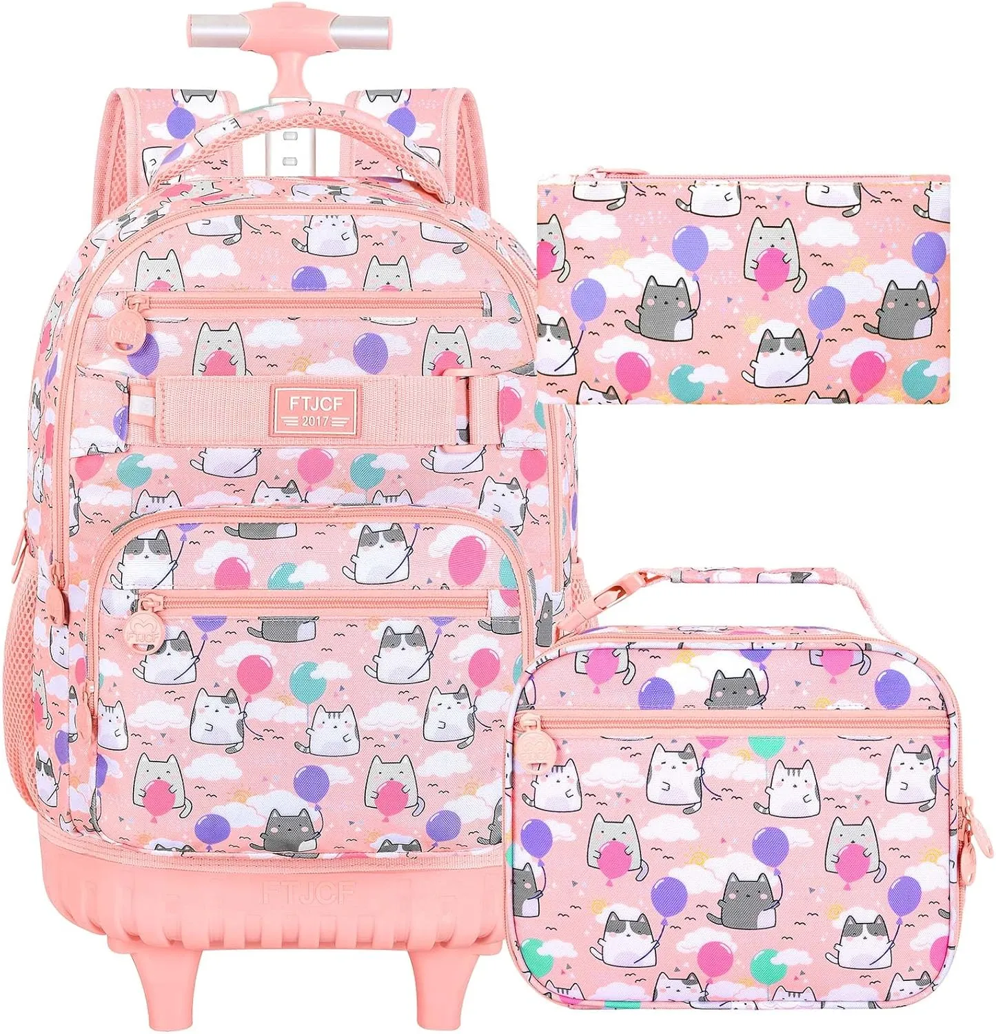 Girls Rolling Backpack, 3PCS Womens Roller Bookbag with Lunch Bag for Kids, Wheeled School Bag for Children - Pink Cloud Cat