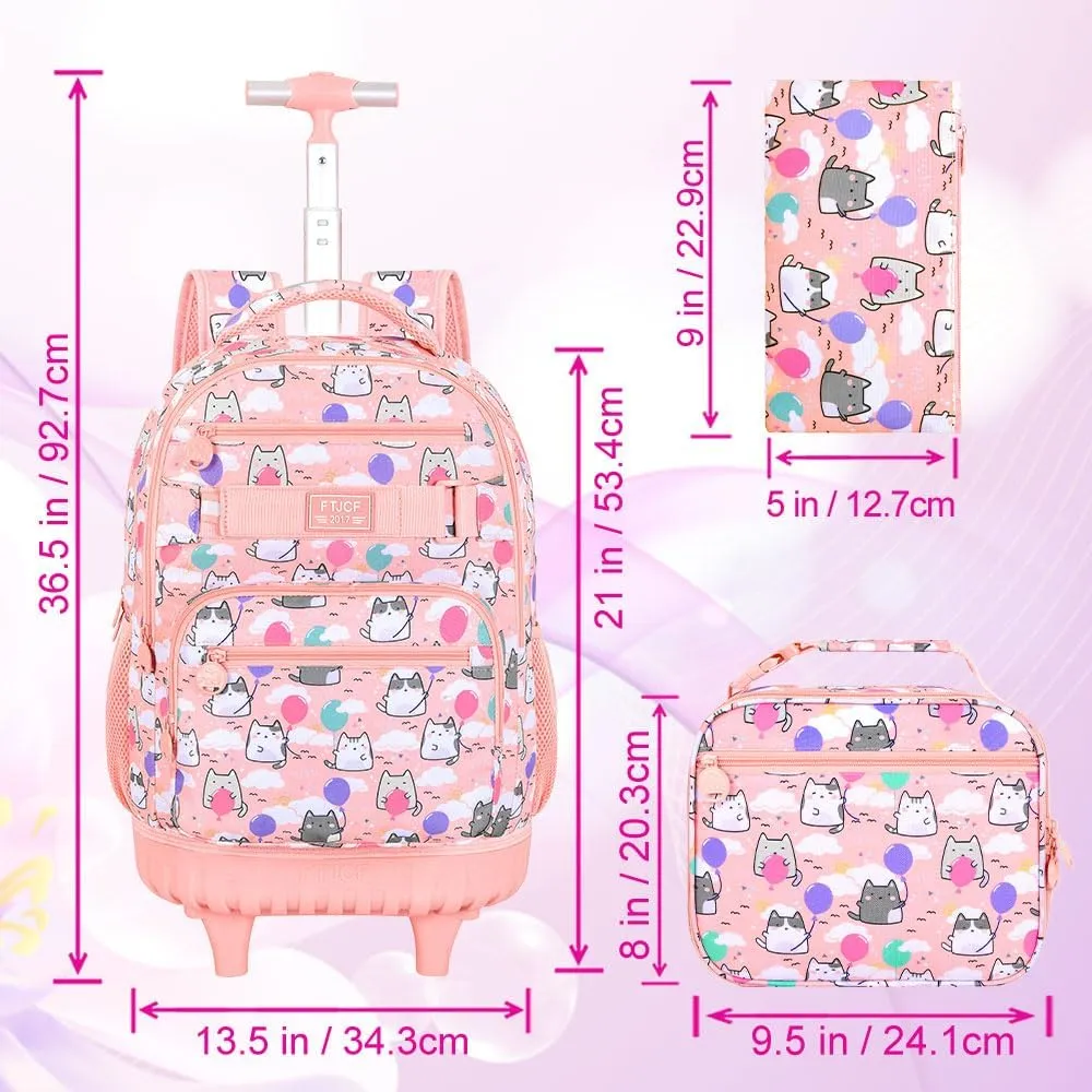 Girls Rolling Backpack, 3PCS Womens Roller Bookbag with Lunch Bag for Kids, Wheeled School Bag for Children - Pink Cloud Cat