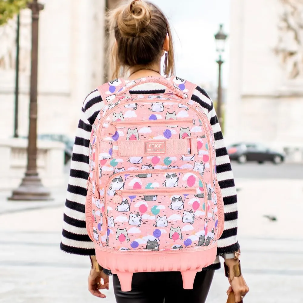 Girls Rolling Backpack, 3PCS Womens Roller Bookbag with Lunch Bag for Kids, Wheeled School Bag for Children - Pink Cloud Cat