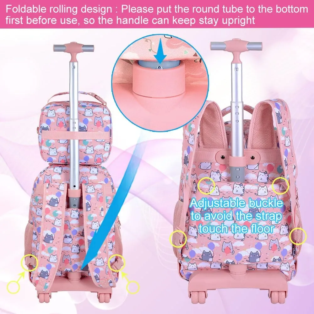 Girls Rolling Backpack, 3PCS Womens Roller Bookbag with Lunch Bag for Kids, Wheeled School Bag for Children - Pink Cloud Cat