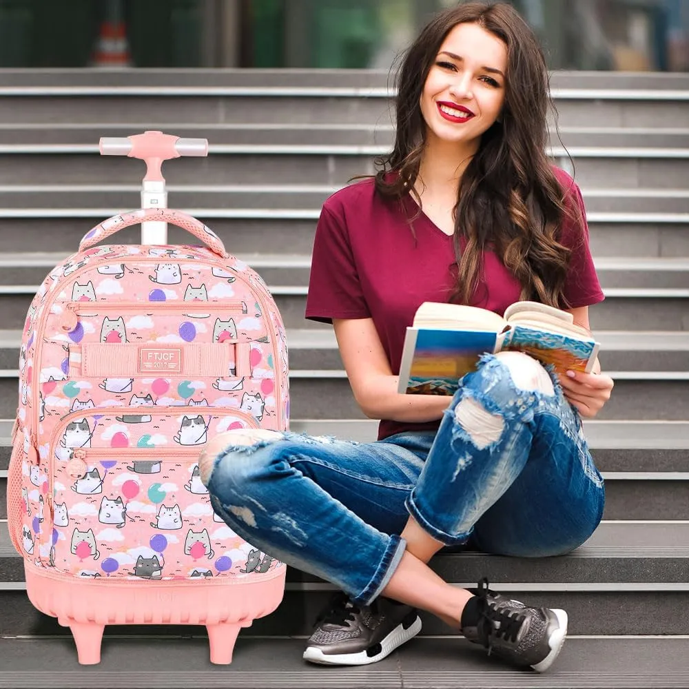 Girls Rolling Backpack, 3PCS Womens Roller Bookbag with Lunch Bag for Kids, Wheeled School Bag for Children - Pink Cloud Cat