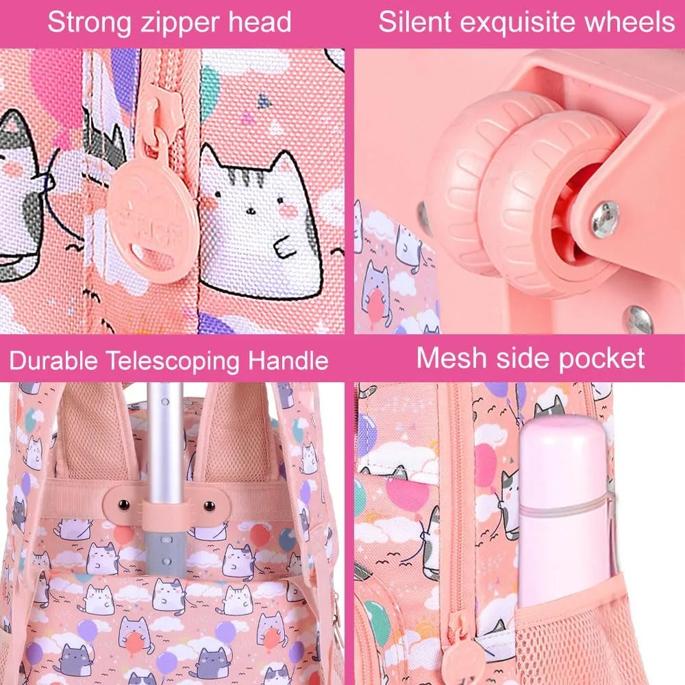 Girls Rolling Backpack, 3PCS Womens Roller Bookbag with Lunch Bag for Kids, Wheeled School Bag for Children - Pink Cloud Cat