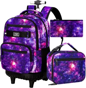 Girls Rolling Backpack, 3PCS Womens Roller Bookbag with Lunch Bag for Kids, Wheeled School Bag for Children - Purple Galaxy