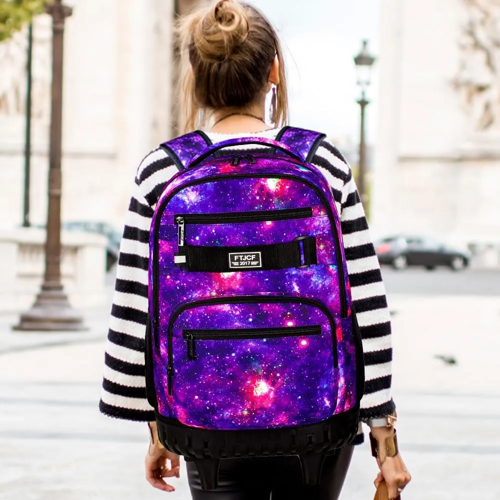 Girls Rolling Backpack, 3PCS Womens Roller Bookbag with Lunch Bag for Kids, Wheeled School Bag for Children - Purple Galaxy