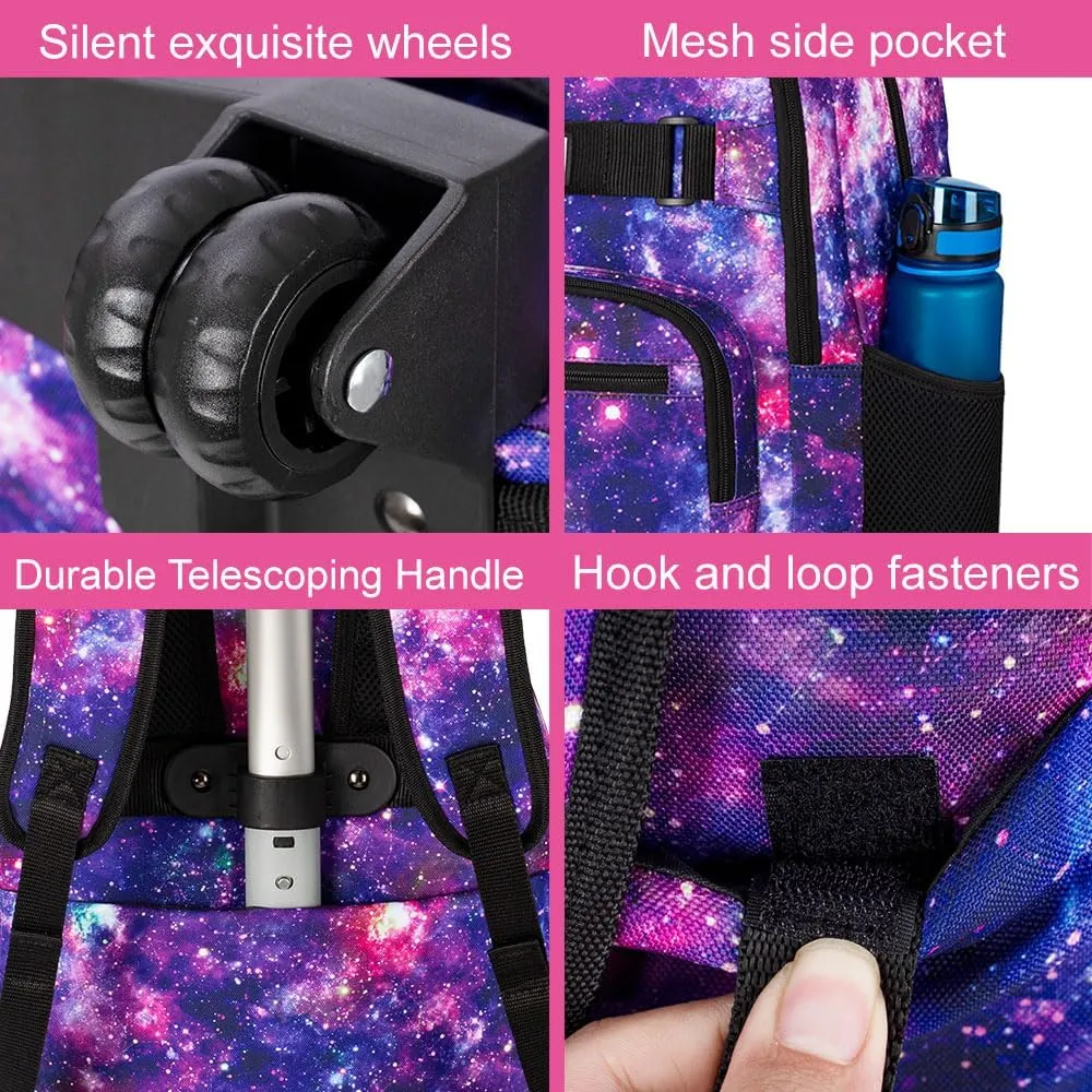 Girls Rolling Backpack, 3PCS Womens Roller Bookbag with Lunch Bag for Kids, Wheeled School Bag for Children - Purple Galaxy