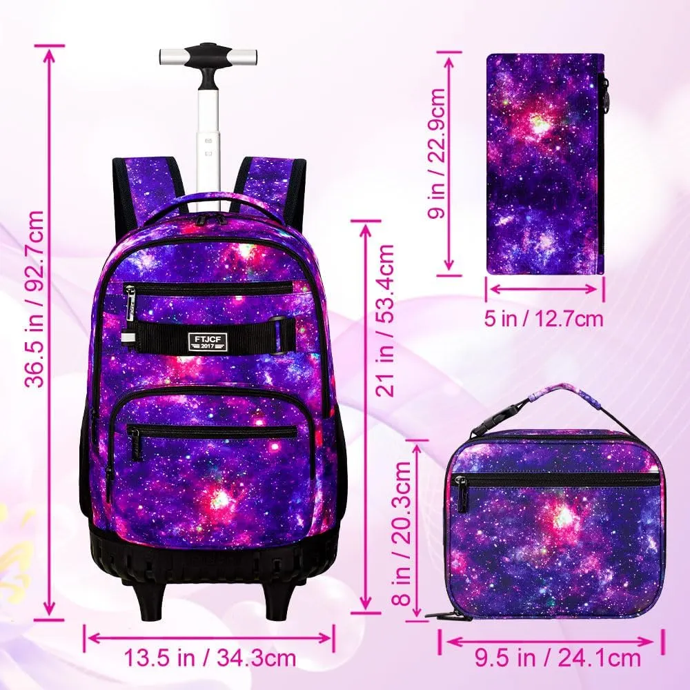 Girls Rolling Backpack, 3PCS Womens Roller Bookbag with Lunch Bag for Kids, Wheeled School Bag for Children - Purple Galaxy
