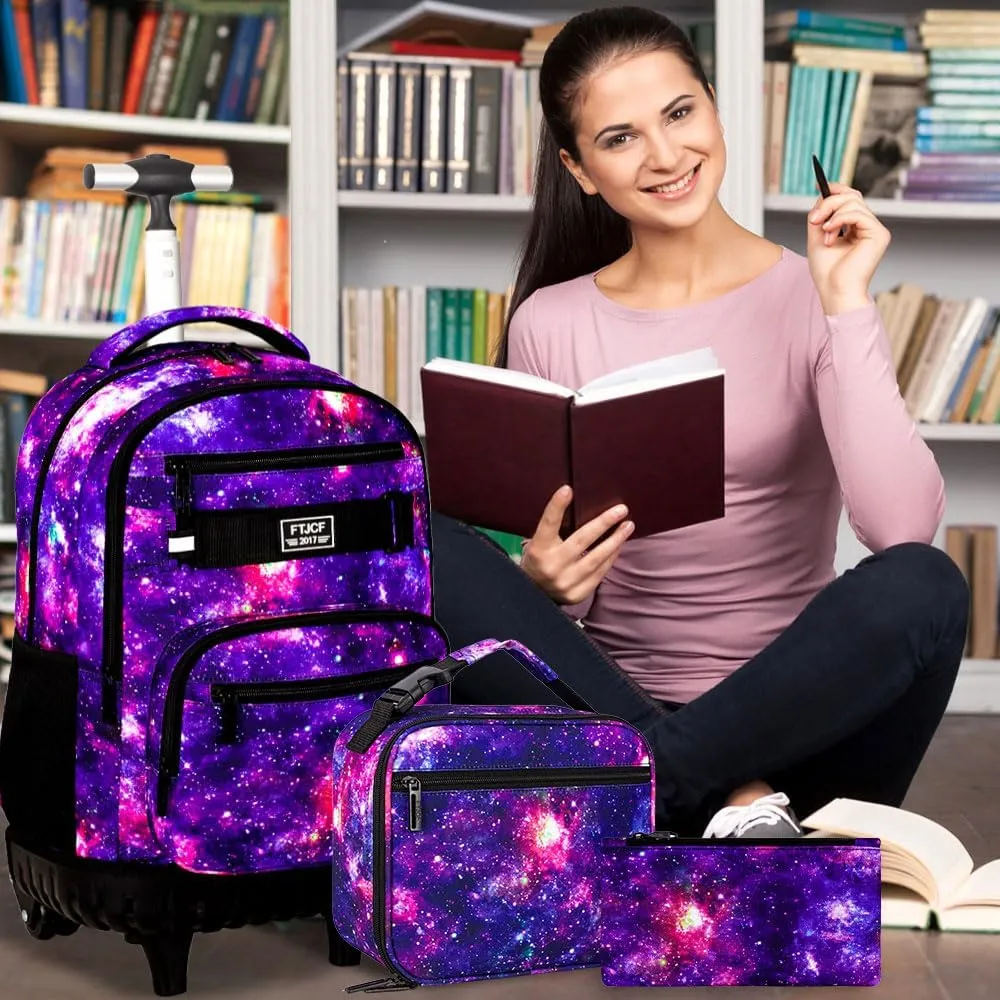 Girls Rolling Backpack, 3PCS Womens Roller Bookbag with Lunch Bag for Kids, Wheeled School Bag for Children - Purple Galaxy