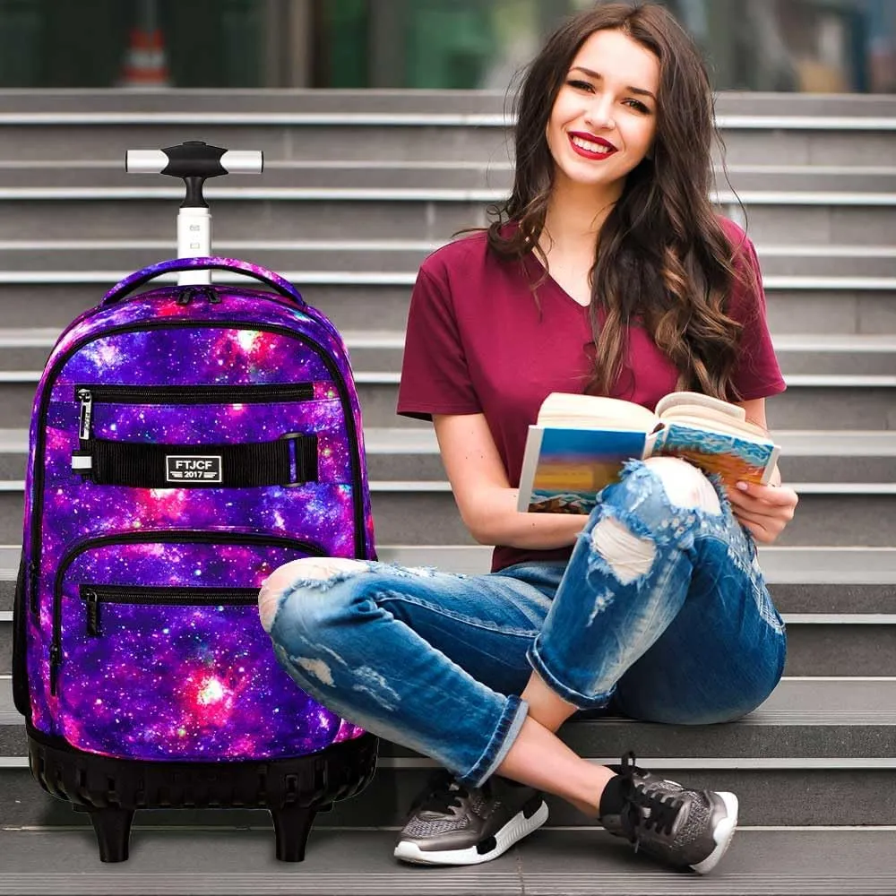 Girls Rolling Backpack, 3PCS Womens Roller Bookbag with Lunch Bag for Kids, Wheeled School Bag for Children - Purple Galaxy
