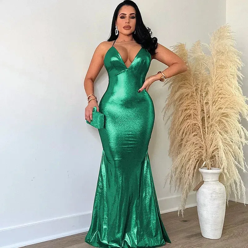 Glossy Metallic Mermaid Evening Dresses for Women Elegant Spaghetti Strap Backless Slim Celebrity Night Party Prom Long Dress