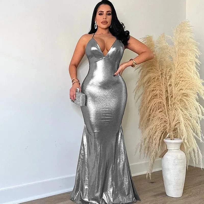 Glossy Metallic Mermaid Evening Dresses for Women Elegant Spaghetti Strap Backless Slim Celebrity Night Party Prom Long Dress