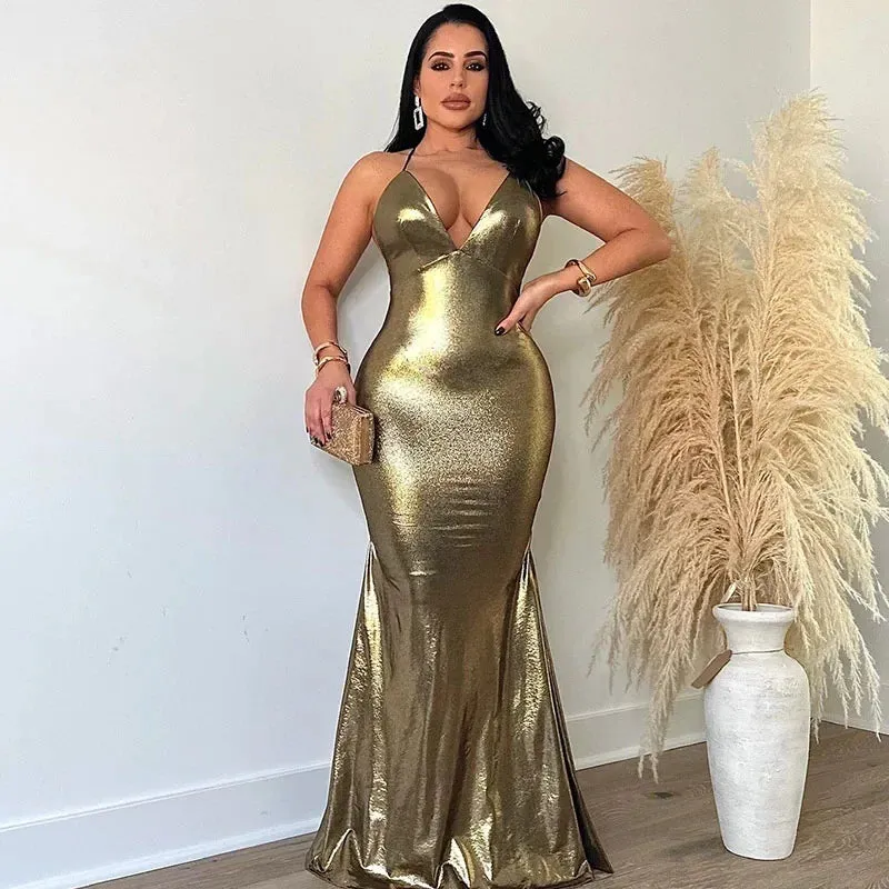 Glossy Metallic Mermaid Evening Dresses for Women Elegant Spaghetti Strap Backless Slim Celebrity Night Party Prom Long Dress