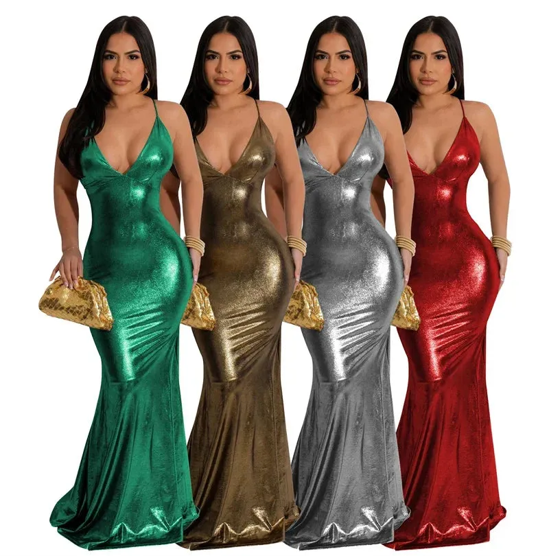 Glossy Metallic Mermaid Evening Dresses for Women Elegant Spaghetti Strap Backless Slim Celebrity Night Party Prom Long Dress