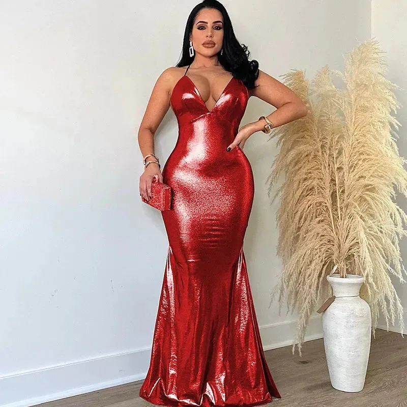 Glossy Metallic Mermaid Evening Dresses for Women Elegant Spaghetti Strap Backless Slim Celebrity Night Party Prom Long Dress