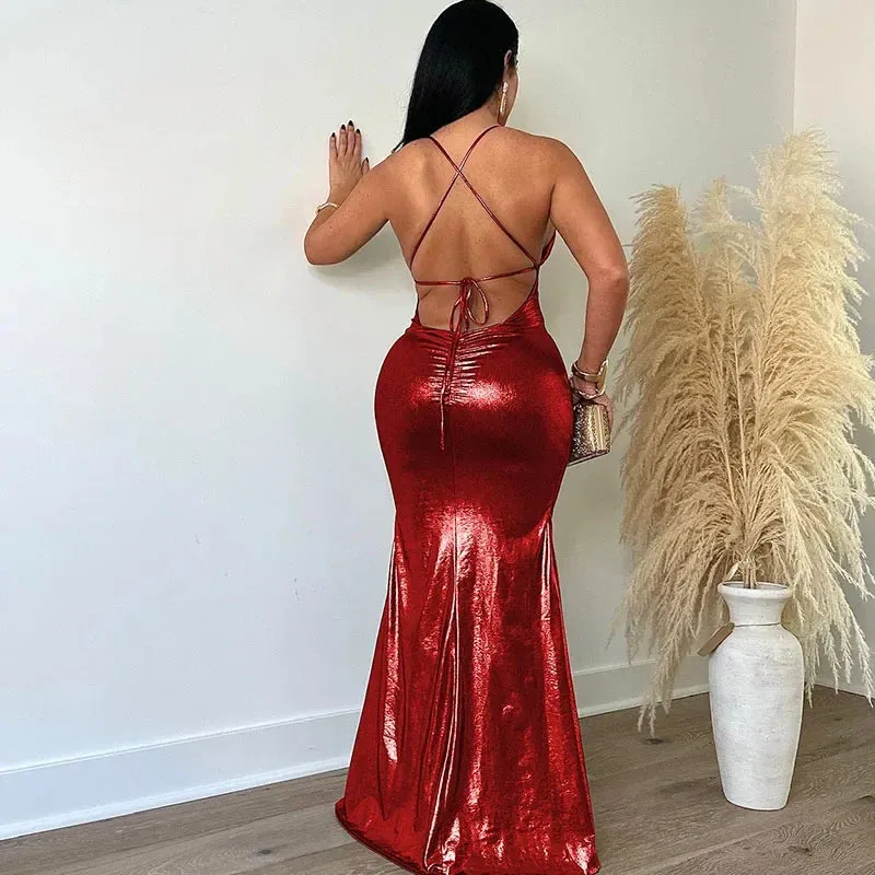 Glossy Metallic Mermaid Evening Dresses for Women Elegant Spaghetti Strap Backless Slim Celebrity Night Party Prom Long Dress
