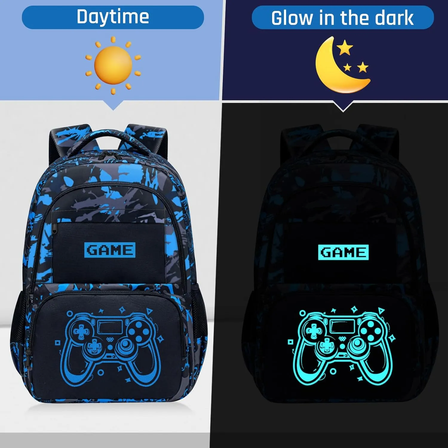 Glow in The Dark Backpack for Boys - Game Boys Backpack for Kids Children Teens Elementary Middle School - 17″ Gamer Bookbag Travel Back Pack for Age 6-18