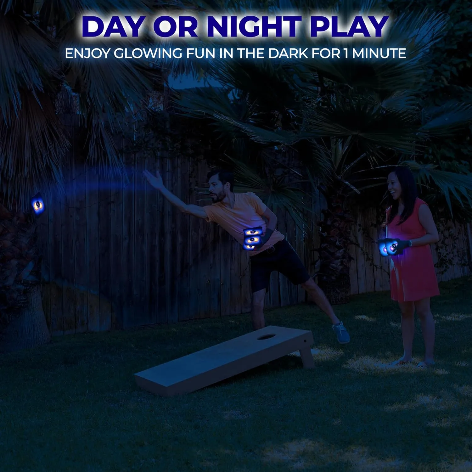 Glow Throw Light Up Cornhole Bags with LEDs - Regulation Size & Weight for Competition - Set 4 Dual Sided (Stick & Slick) Bean Bags, Backyard Fun for Family & Friends (Blue)
