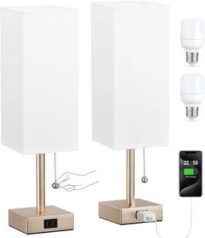 Gold Bedside Table Lamps for Bedroom Set of 2 - Small Rectangular Nightstand Lamp with AC Outlet Charging Port, 3 Color Temperatures Desk Light, Tabletop Reading Lamp for Living Room/Dorm/Office