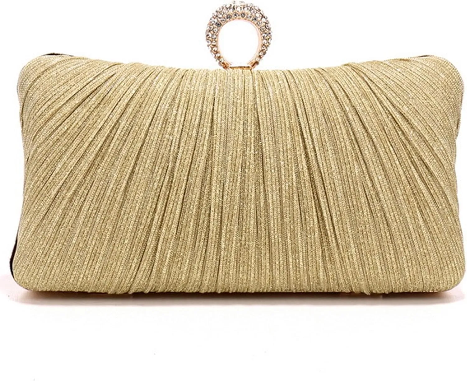 Gold Evening Bag 8x4x2 Inch Pleated Purse with Rhinestone Ring, Spacious Evening Handbag, Glitter Stylish Gold Purse for Bridal Wedding Party Dating Annual Meeting Bag
