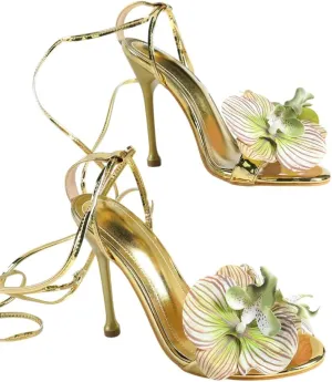 Gold High Heel Sandals for Women, Women's Metallic Flower-Adorned Heels with Adjustable Straps, Elegant Dressy Shoes for Weddings, Parties & Evening Events (US 6-10.5)