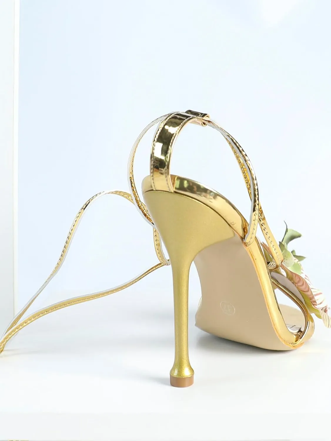 Gold High Heel Sandals for Women, Women's Metallic Flower-Adorned Heels with Adjustable Straps, Elegant Dressy Shoes for Weddings, Parties & Evening Events (US 6-10.5)