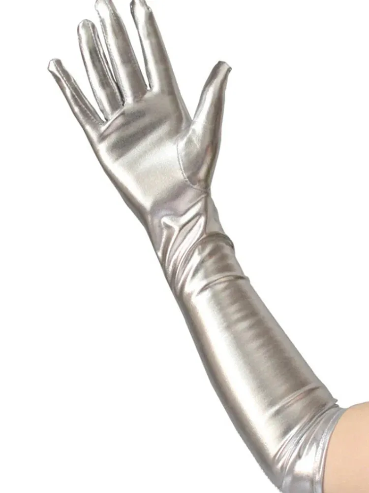 Gold Silver Wet Look Fake Leather Metallic Gloves Evening Party Performance Mittens Women Sexy Elbow Length Long Latex Gloves