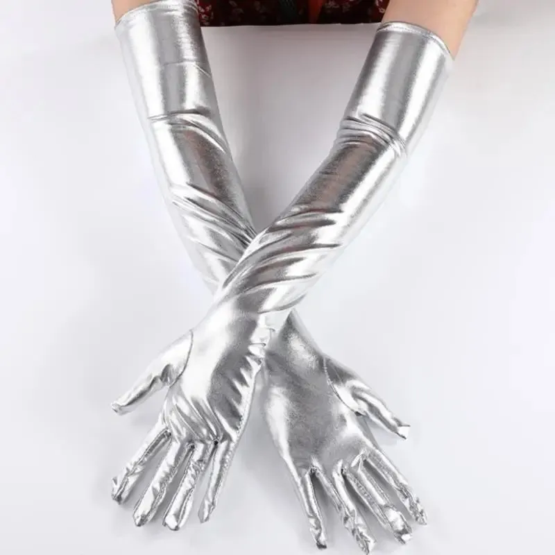 Gold Silver Wet Look Fake Leather Metallic Gloves Evening Party Performance Mittens Women Sexy Elbow Length Long Latex Gloves