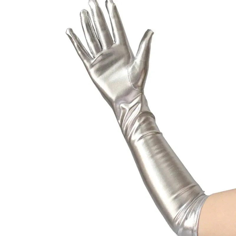 Gold Silver Wet Look Fake Leather Metallic Gloves Evening Party Performance Mittens Women Sexy Elbow Length Long Latex Gloves