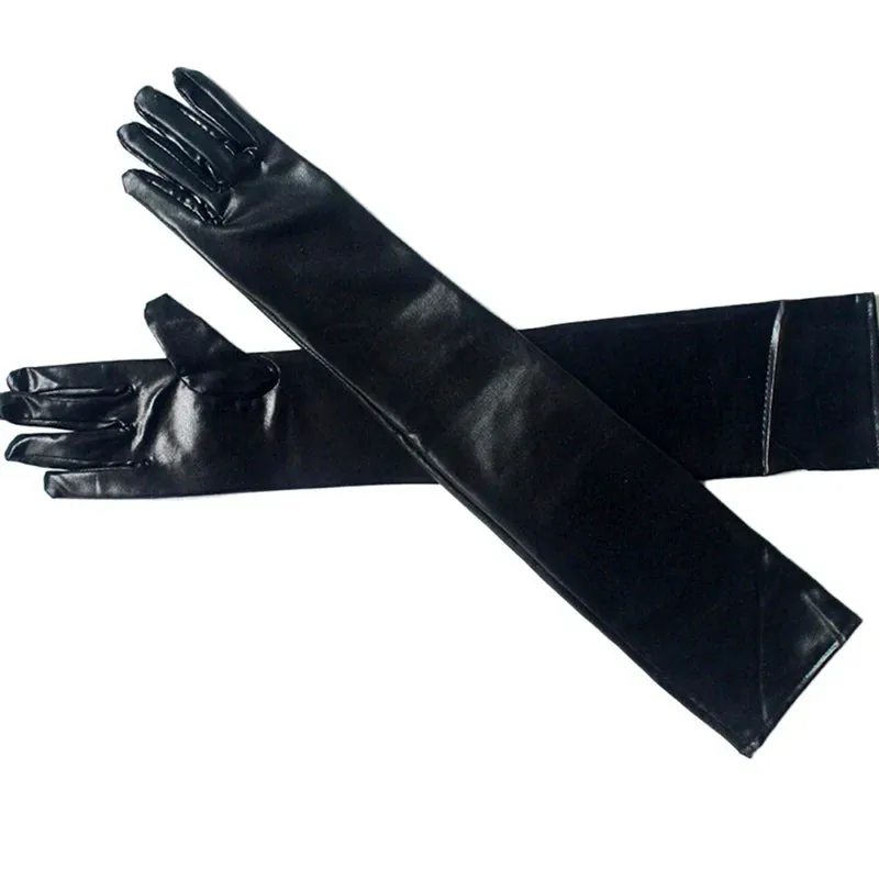 Gold Silver Wet Look Fake Leather Metallic Gloves Evening Party Performance Mittens Women Sexy Elbow Length Long Latex Gloves