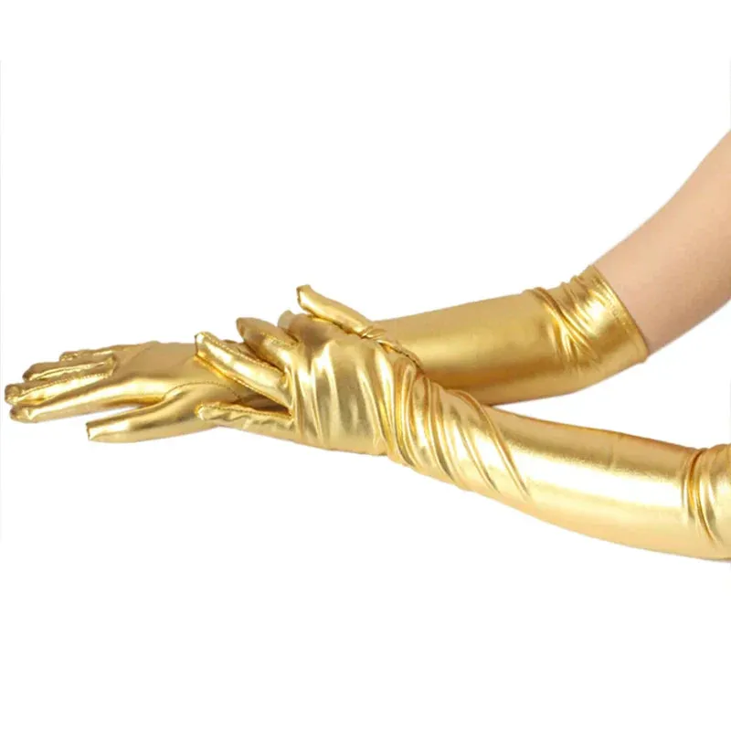 Gold Silver Wet Look Fake Leather Metallic Gloves Evening Party Performance Mittens Women Sexy Elbow Length Long Latex Gloves