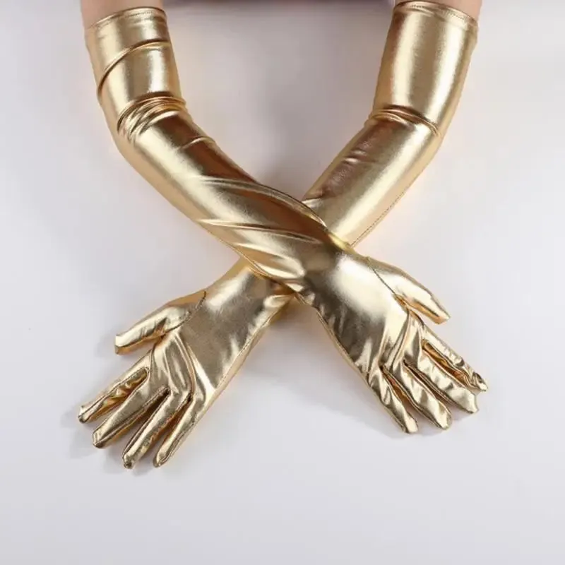 Gold Silver Wet Look Fake Leather Metallic Gloves Evening Party Performance Mittens Women Sexy Elbow Length Long Latex Gloves